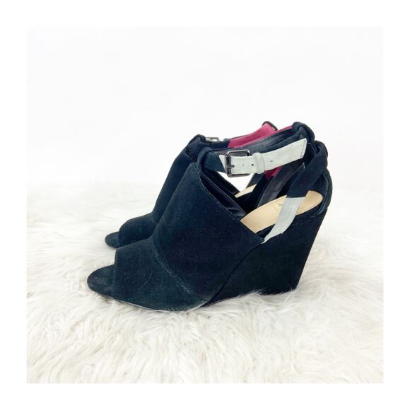 Joe's Jeans Callahan 8.5 Black Women Suede Ankle Strap Wedge Heel Sandals - Picture 7 of 14
